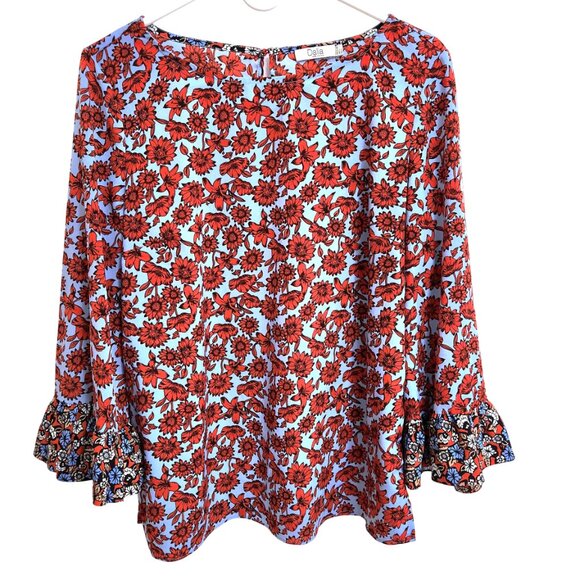 Dalia Blouse Contrasting Bell Sleeves Light Blue & Red Floral Scoop Neck… - Picture 1 of 15